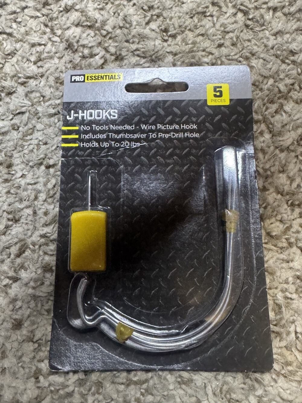 Pro Essentials J-Hooks Wire Picture Hooks 5 Pc 20 lb Capacity New Sealed